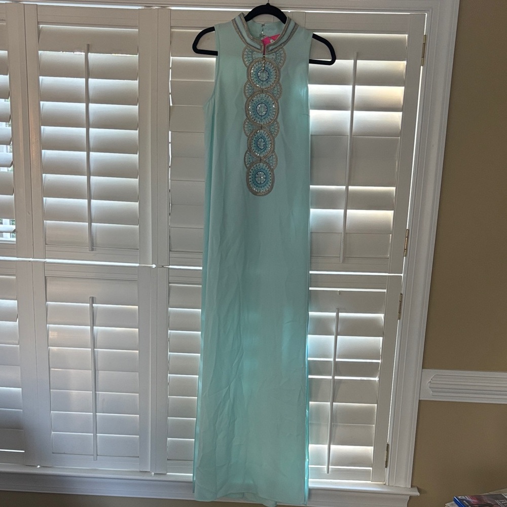 Lilly Pulitzer Aqua Maxi Dress with Embellished Placket